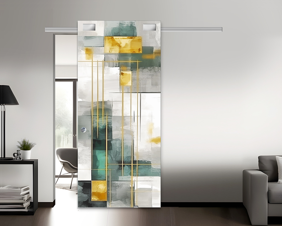 Porta in vetro con grafica geometrica ANDROMEDA, design personalizzabile per interni moderni
